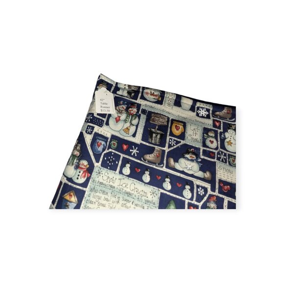 Handmade Snowman 42" Blue & White Table Runner Comes with Original Instructions - Picture 5 of 7